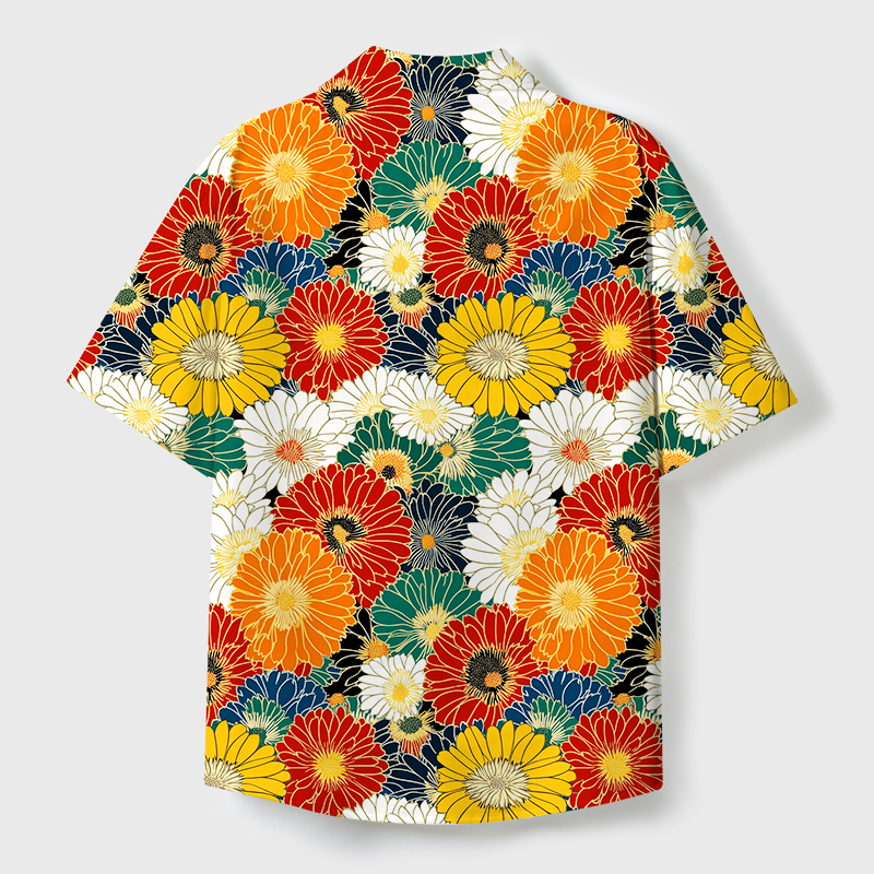 Tokyo-Tiger Colorful Chrysanthemums Cuban Collar Shirt