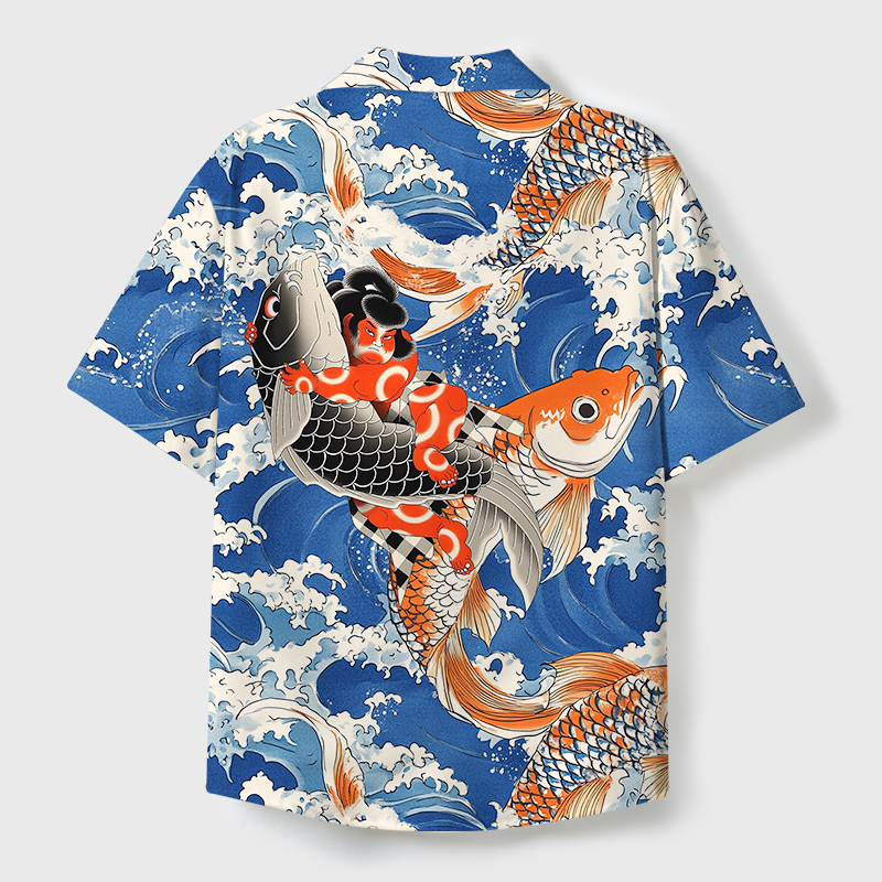 Tokyo-Tiger Sumo Wrestler Holding A Koi Cuban Collar Shirt