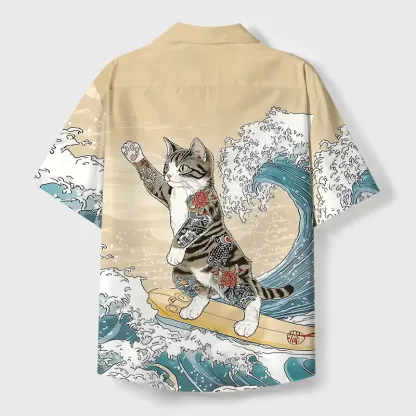Tokyo-Tiger Cat Surfing Cuban Collar Shirt