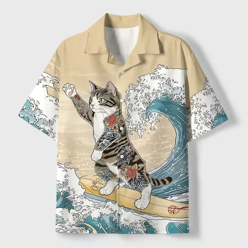 Tokyo-Tiger Cat Surfing Cuban Collar Shirt