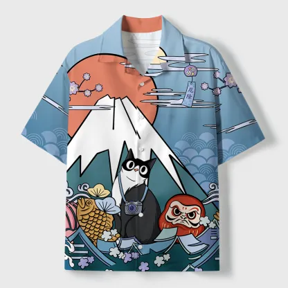 Tokyo-Tiger Mount Fuji Landscape With Cat Cuban Collar Shirt