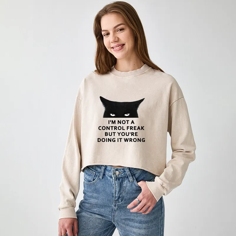 Tokyo-Tiger Control Freak Funny Washed Crop Sweatshirt