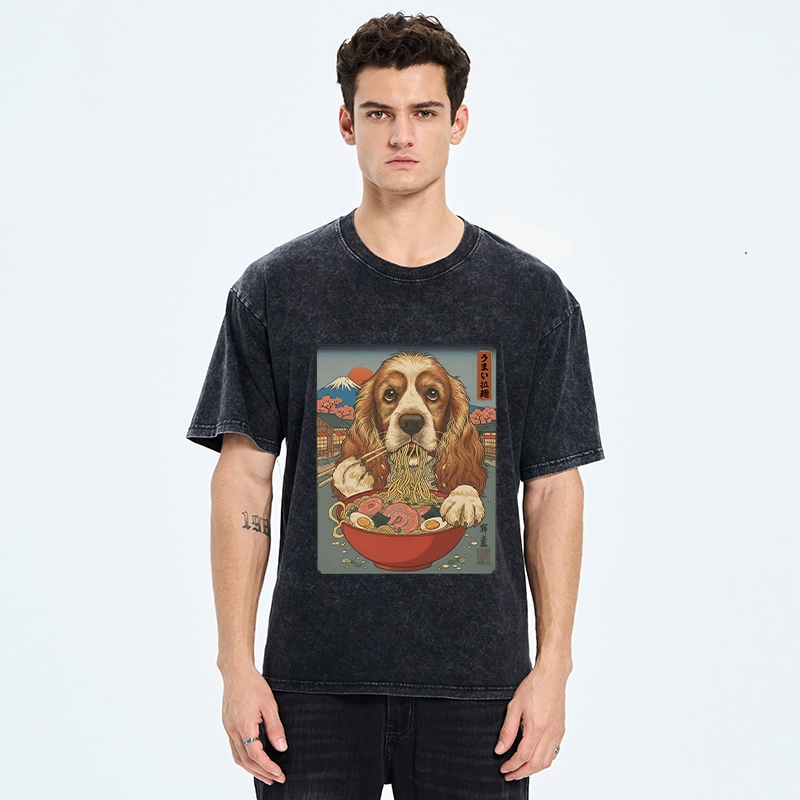 Tokyo-Tiger Dog Slurping Ramen In Japanese Style Washed T-Shirt
