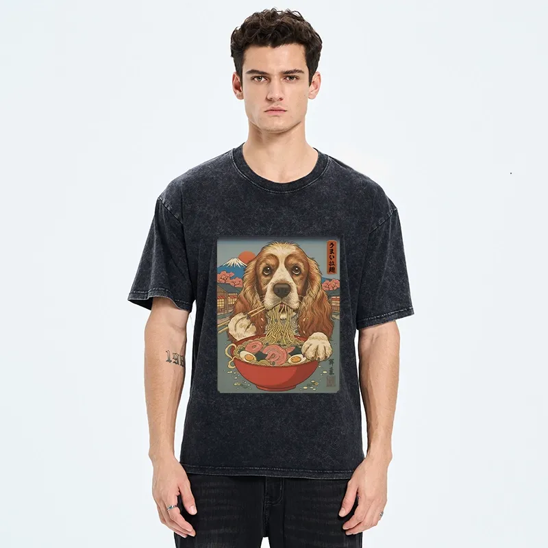 Tokyo-Tiger Dog Slurping Ramen In Japanese Style Washed T-Shirt