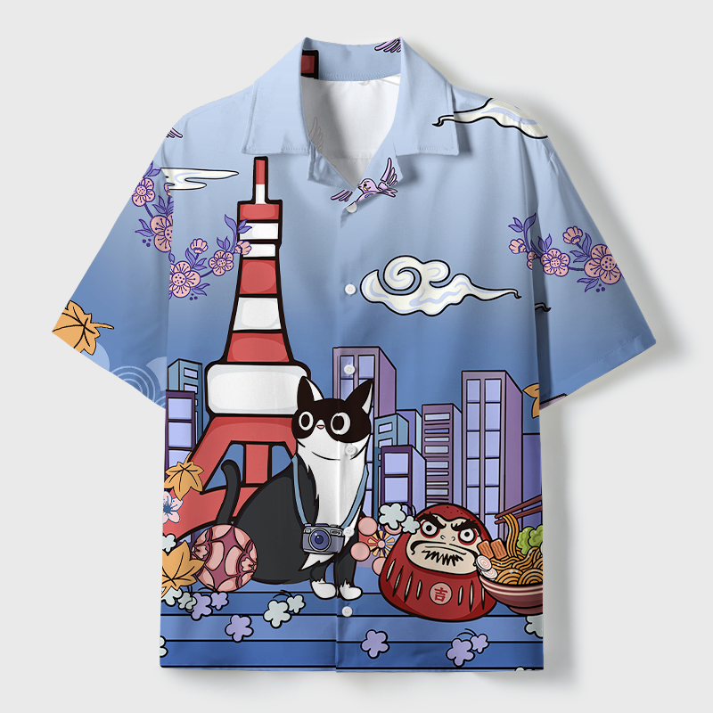 Tokyo-Tiger Tokyo Tower Landscape With Cat Cuban Collar Shirt