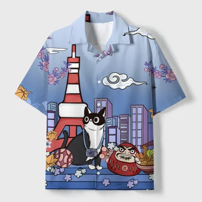 Tokyo-Tiger Tokyo Tower Landscape With Cat Cuban Collar Shirt