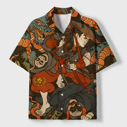 Tokyo-Tiger Brave Japanese Samurai Cuban Collar Shirt