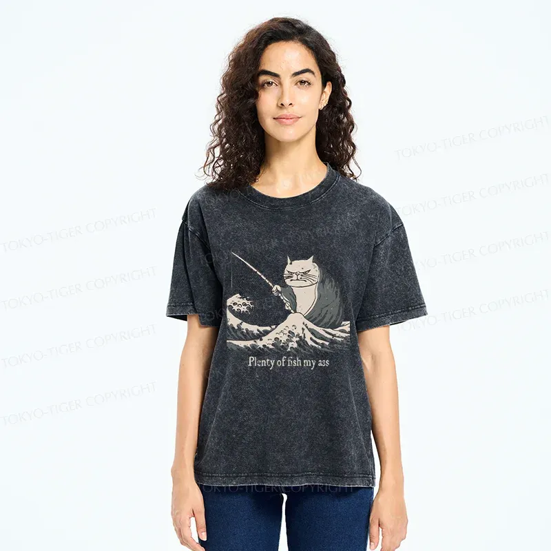 Tokyo-Tiger Kitten Fishing Funny Washed T-Shirt