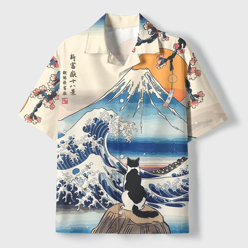 Tokyo-Tiger Cat Looking At The Great Wave Cuban Collar Shirt