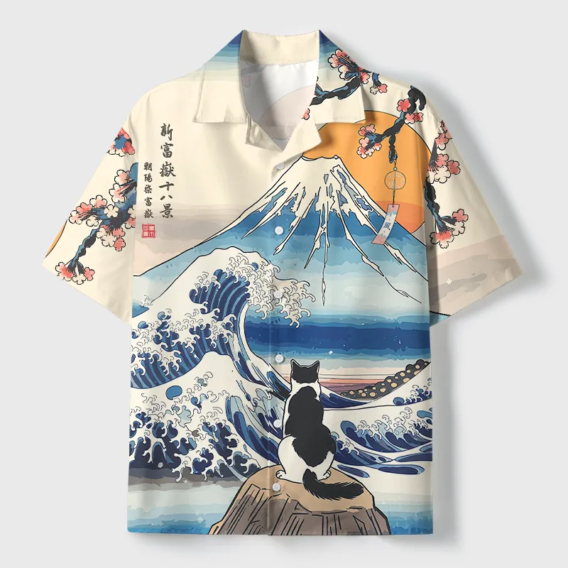 Tokyo-Tiger Cat Looking At The Great Wave Cuban Collar Shirt Sale
