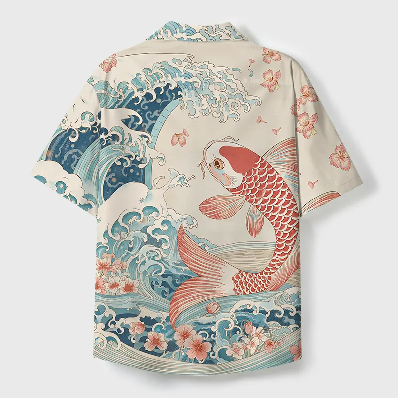 Tokyo-Tiger Koi With Sakura Waves Cuban Collar Shirt