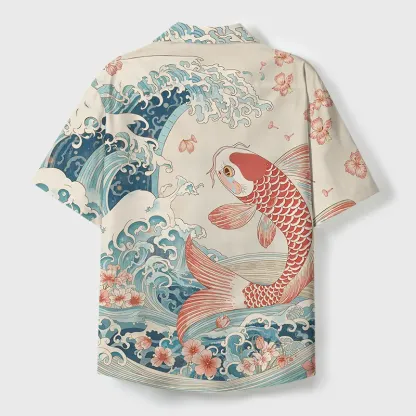 Tokyo-Tiger Koi With Sakura Waves Cuban Collar Shirt