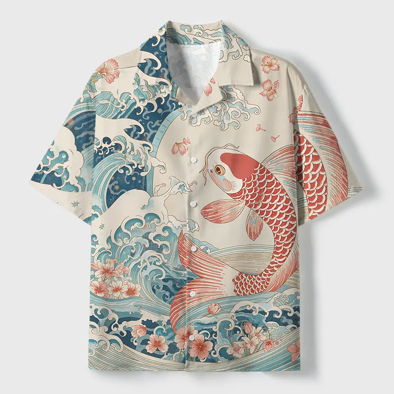 Tokyo-Tiger Koi With Sakura Waves Cuban Collar Shirt