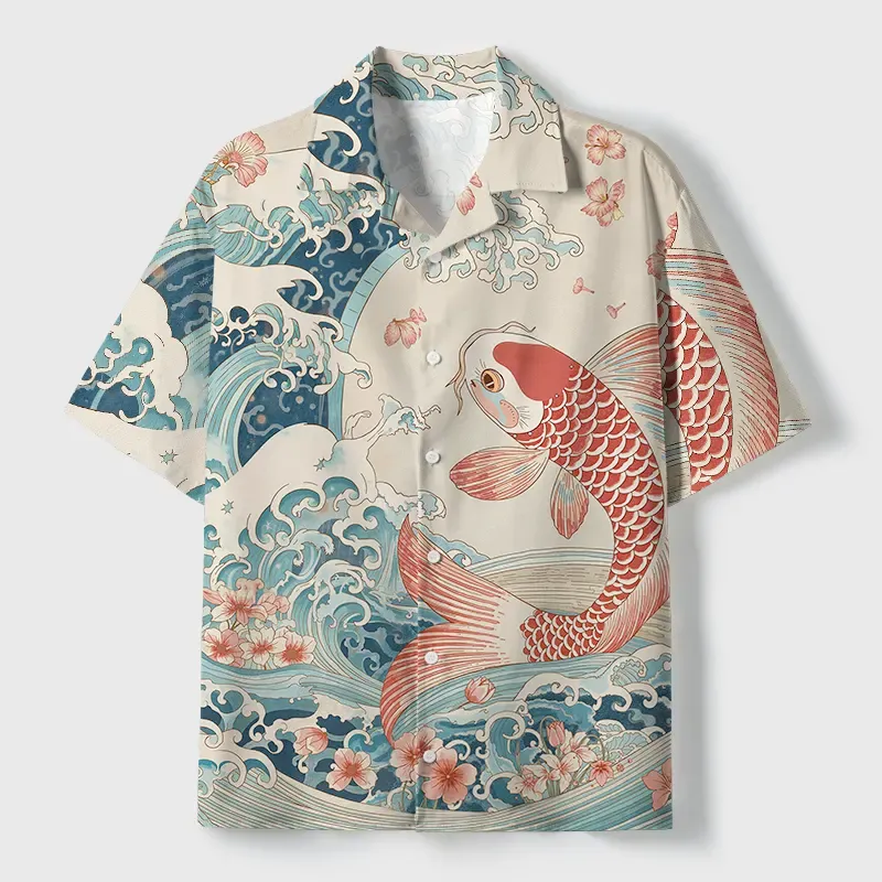 Tokyo-Tiger Koi With Sakura Waves Cuban Collar Shirt