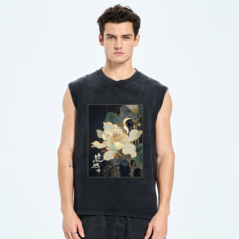 Tokyo-Tiger Lotus Adorned With Golden Specks Washed Tank