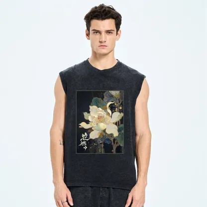 Tokyo-Tiger Lotus Adorned With Golden Specks Washed Tank