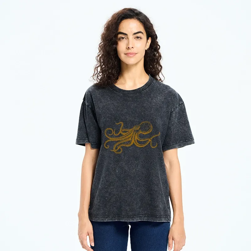 Tokyo-Tiger Vintage Octopus Illustration Art Washed T-Shirt