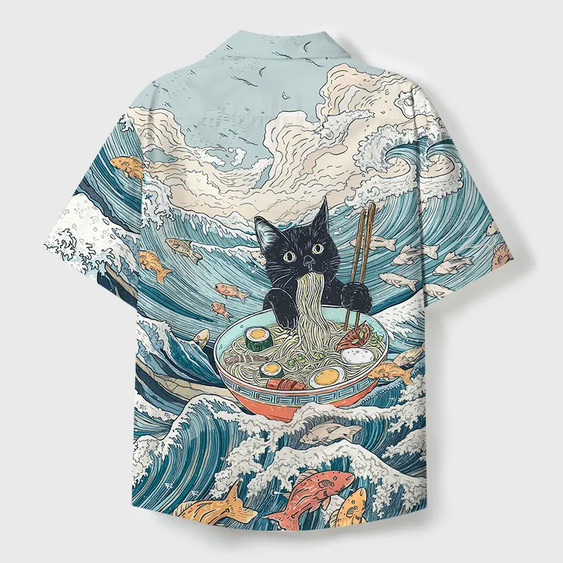 Tokyo-Tiger Naughty Cat Eating Ramen Cuban Collar Shirt