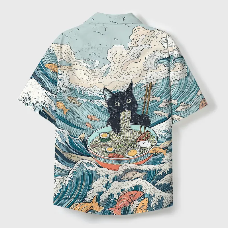 Tokyo-Tiger Naughty Cat Eating Ramen Cuban Collar Shirt
