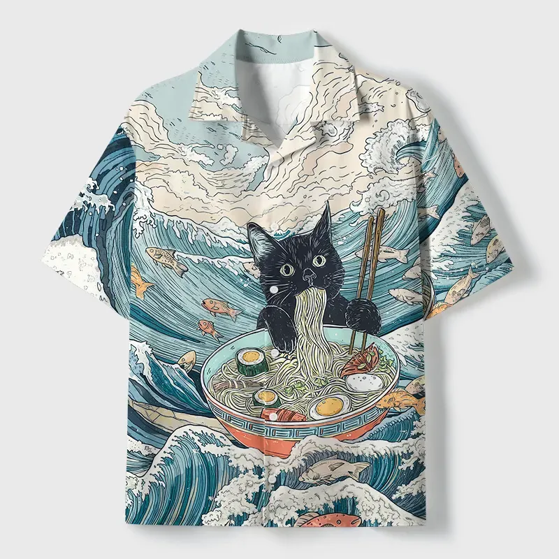 Tokyo-Tiger Naughty Cat Eating Ramen Cuban Collar Shirt