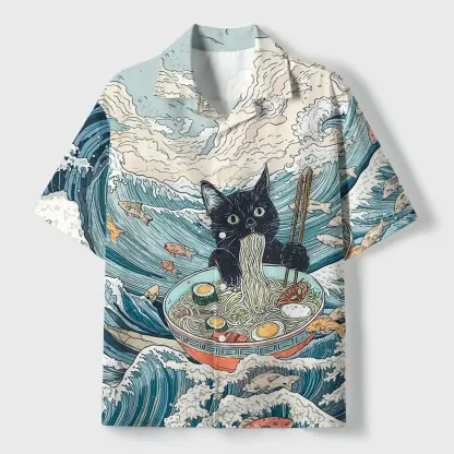 Tokyo-Tiger Naughty Cat Eating Ramen Cuban Collar Shirt