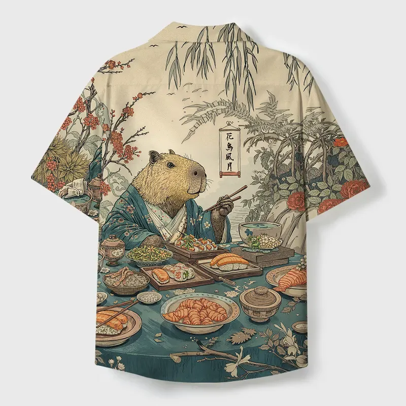 Tokyo-Tiger Capybara Enjoying Sushi Feast Cuban Collar Shirt