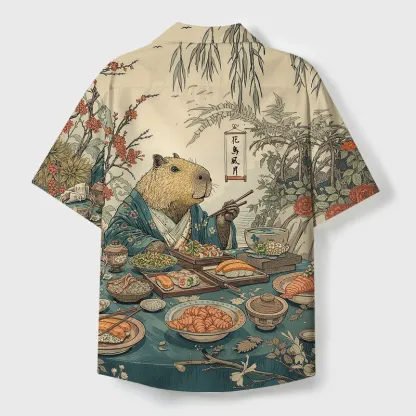 Tokyo-Tiger Capybara Enjoying Sushi Feast Cuban Collar Shirt