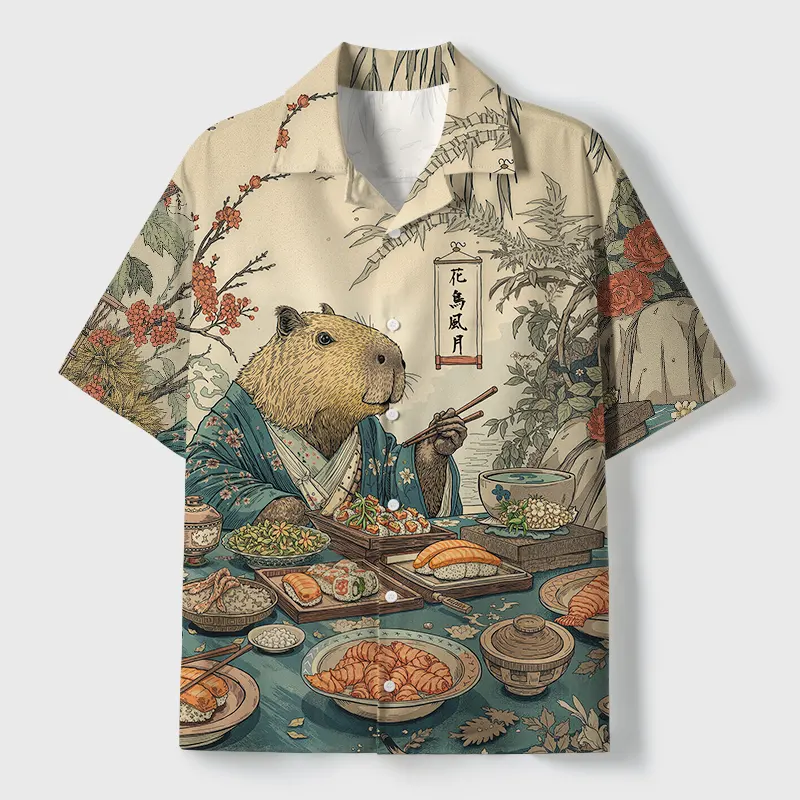 Tokyo-Tiger Capybara Enjoying Sushi Feast Cuban Collar Shirt
