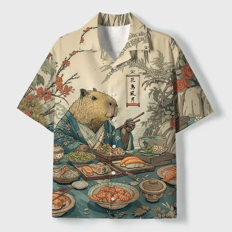 Tokyo-Tiger Capybara Enjoying Sushi Feast Cuban Collar Shirt