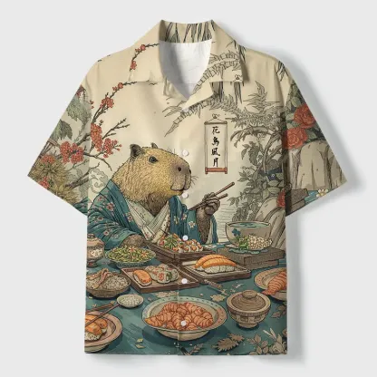 Tokyo-Tiger Capybara Enjoying Sushi Feast Cuban Collar Shirt