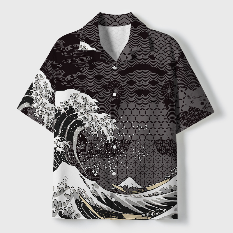 Tokyo-Tiger Great Wave Off Fuji Cuban Collar Shirt