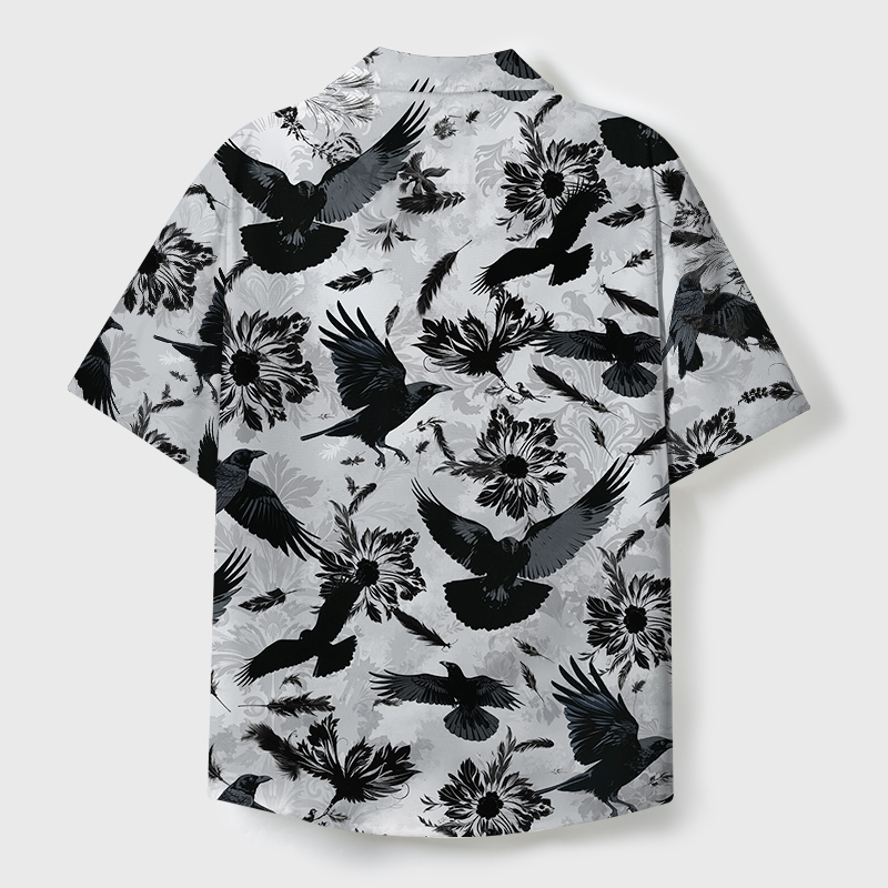 Tokyo-Tiger Crows Amongst Blossoms Cuban Collar Shirt