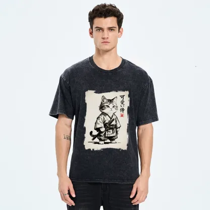 Tokyo-Tiger Japanese Samurai Cat Illustration Washed T-Shirt