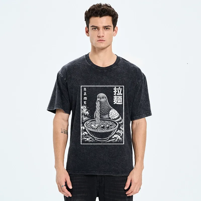Tokyo-Tiger Pigeon Eating Ramen Art Washed T-Shirt