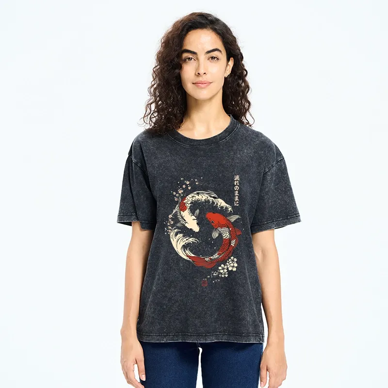 Tokyo-Tiger Elegant Koi Fish And Sakura Washed T-Shirt