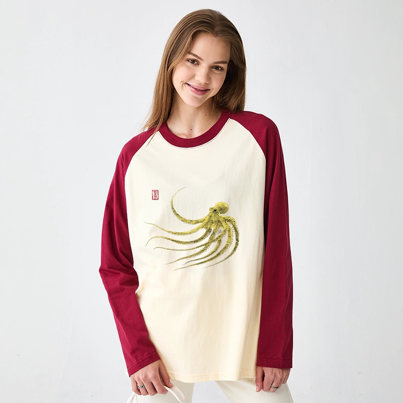 Tokyo-Tiger Retro Octopus Japanese Raglan Long Sleeve T-shirt
