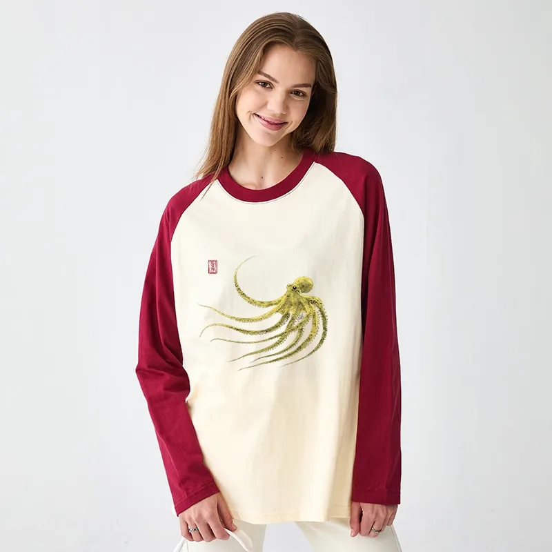 Tokyo-Tiger Retro Octopus Japanese Raglan Long Sleeve T-shirt