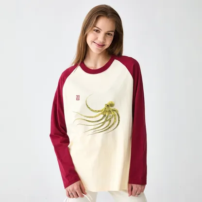 Tokyo-Tiger Retro Octopus Japanese Raglan Long Sleeve T-shirt