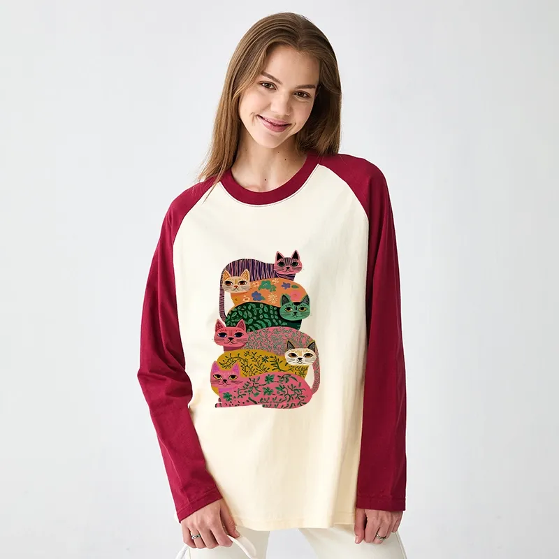 Tokyo-Tiger Colorful Cats Raglan Long Sleeve T-shirt