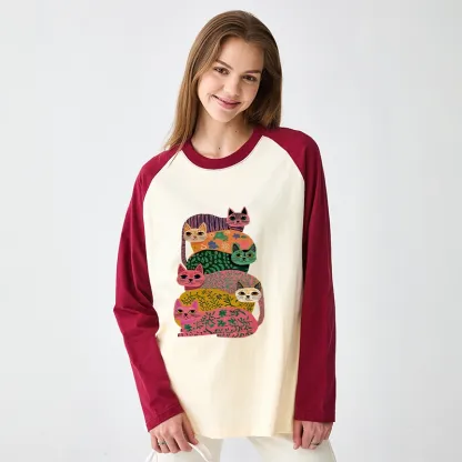 Tokyo-Tiger Colorful Cats Raglan Long Sleeve T-shirt