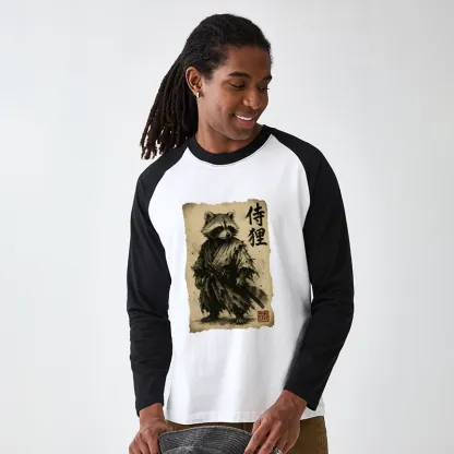 Tokyo-Tiger Retro Raccoon Samurai Raglan Long Sleeve T-shirt