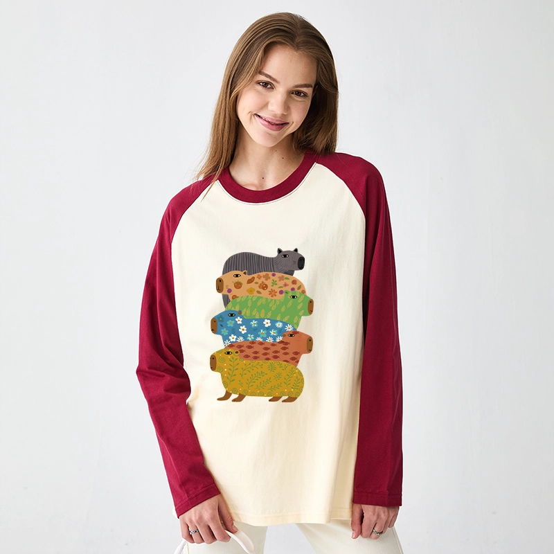 Tokyo-Tiger Colorful Capybaras Raglan Long Sleeve T-shirt