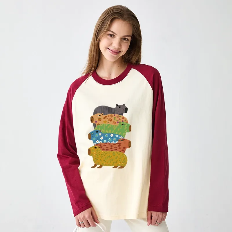 Tokyo-Tiger Colorful Capybaras Raglan Long Sleeve T-shirt