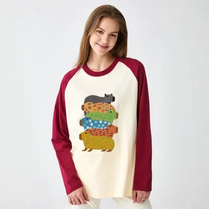 Tokyo-Tiger Colorful Capybaras Raglan Long Sleeve T-shirt
