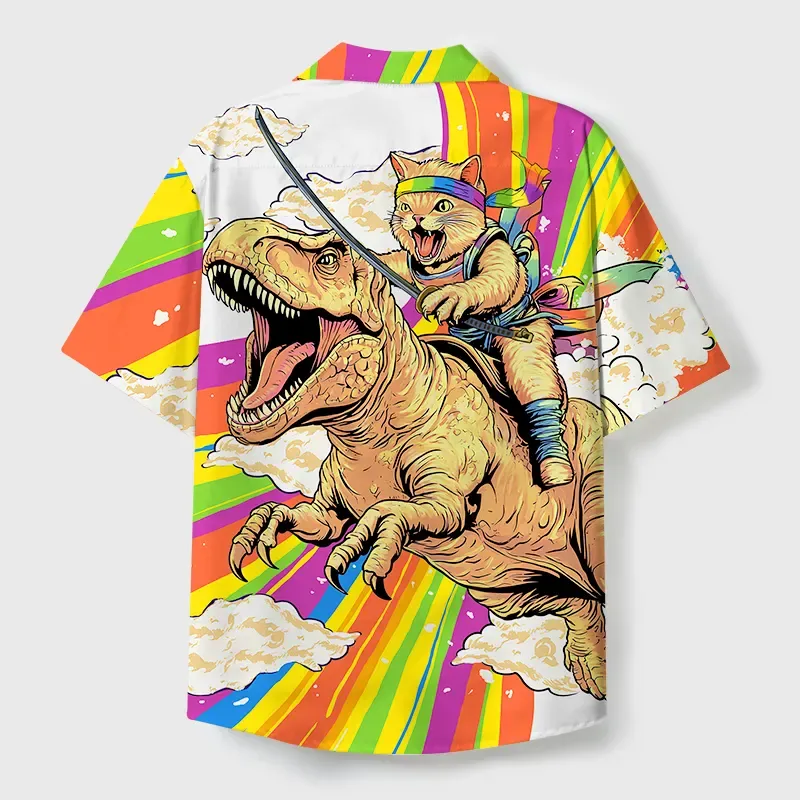 Tokyo-Tiger Rainbow Cat Rides A Dinosaur Cuban Collar Shirt