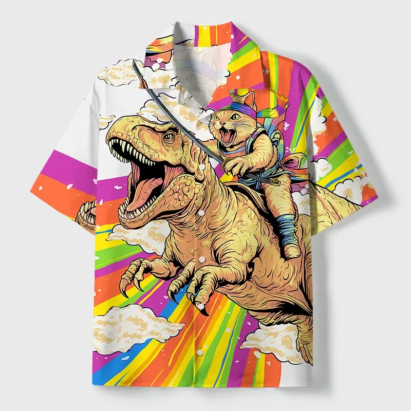 Tokyo-Tiger Rainbow Cat Rides A Dinosaur Cuban Collar Shirt