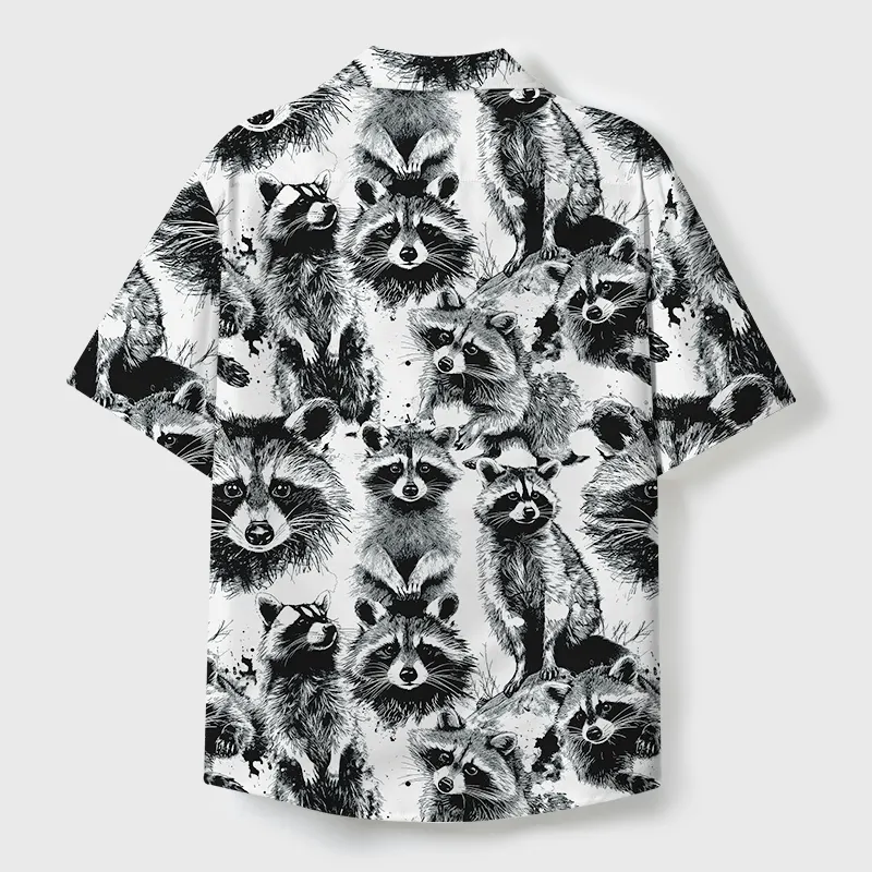 Tokyo-Tiger Playful Raccoon White Cuban Collar Shirt