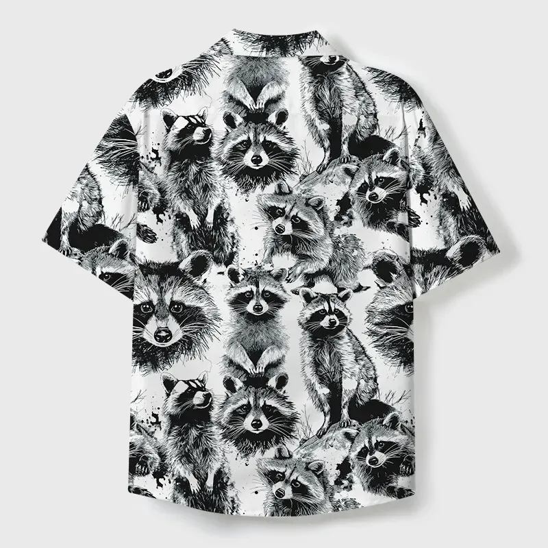 Tokyo-Tiger Playful Raccoon White Cuban Collar Shirt