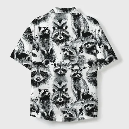 Tokyo-Tiger Playful Raccoon White Cuban Collar Shirt