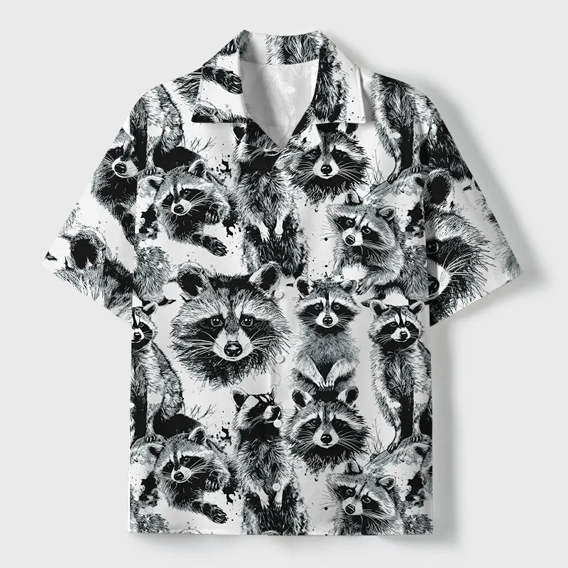 Tokyo-Tiger Playful Raccoon White Cuban Collar Shirt